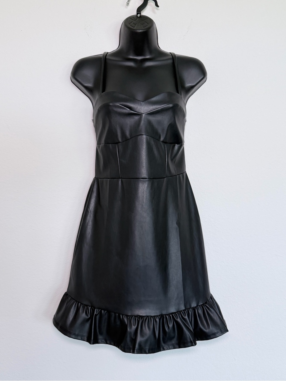 New L Black Vegan Leather Mini Dress Sweetheart Ruffle Babydoll Grunge Pleather